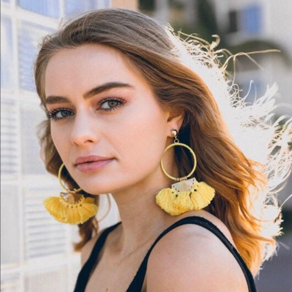 Yellow tasseled fan earrings